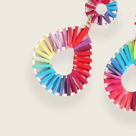 "Myla" Bohemian Multicolor Grass Festival Party Teardrop Circle Summer Earrings - Picture 5 of 6